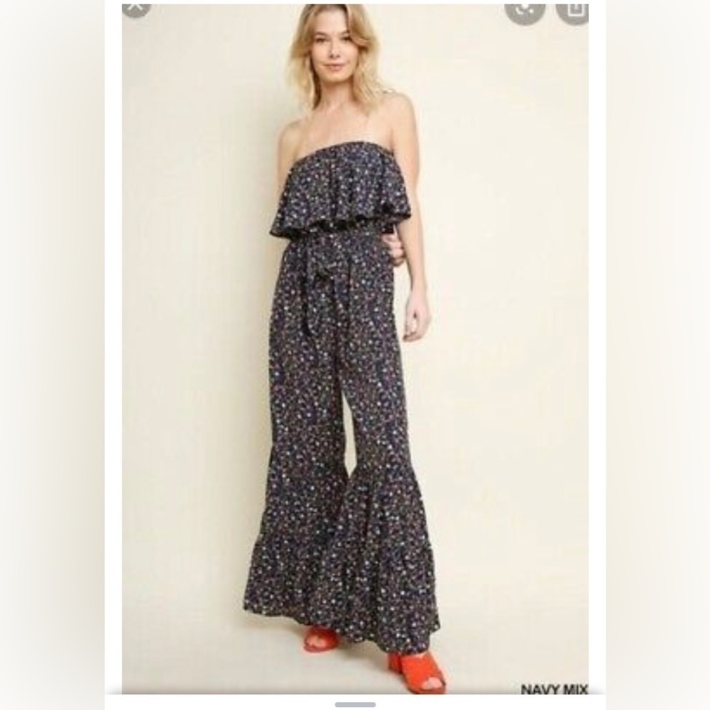 UMGEE USA FLORAL FALL OFF THE SHOULDER Navy jumpsuits Jumper SIZE M - Picture 1 of 9